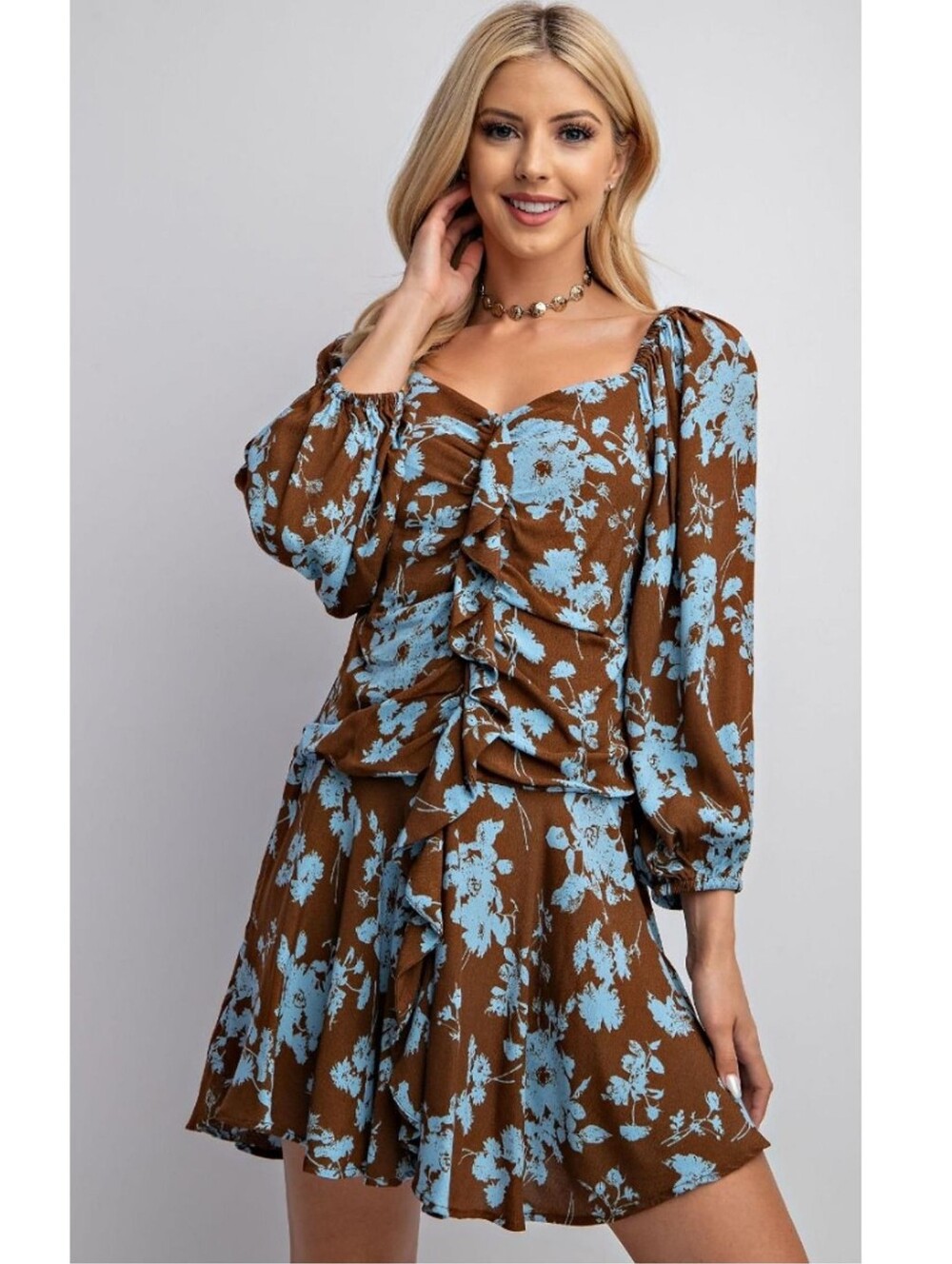 NWT Easel Brown Blue Floral Boho 3/4 Sleeves Ruffle Mini Dress Size Medium